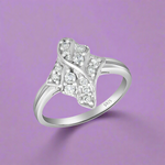 Load image into Gallery viewer, A sterling silver ring with multiple sparkling stones set in a flower-like shape on a white band.
