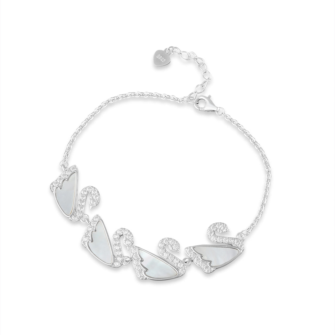 Dancing Swan Bracelet 925 Sterling Silver White, Rhodium Plated. With adjustable Length