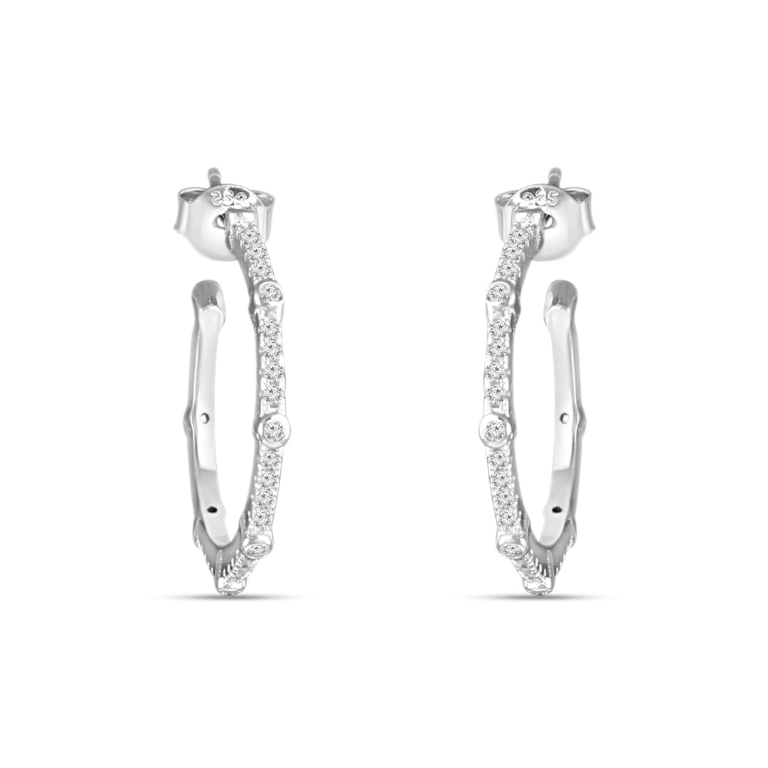 Pave and Bezel Half Hoop Earrings 925 Sterling Silver