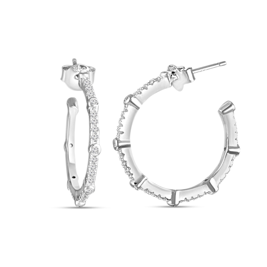 Pave and Bezel Half Hoop Earrings 925 Sterling Silver