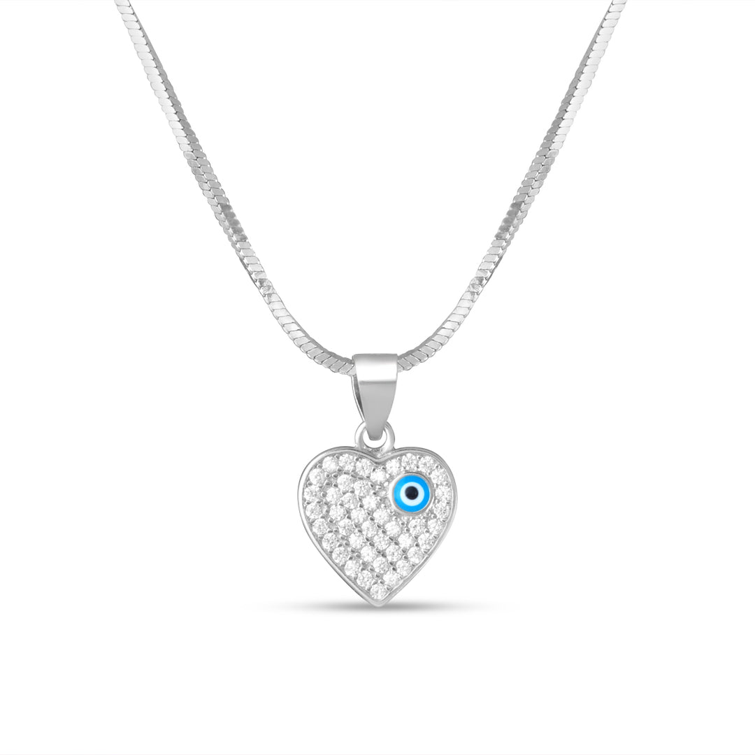 Evil Eye Heart Shaped 925 Sterling Silver Pendant With Chain