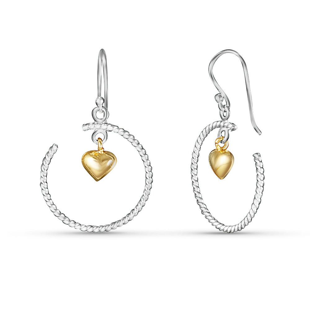 Dangling Golden Hearts Two Tone Link 925 Sterling Silver Earrings