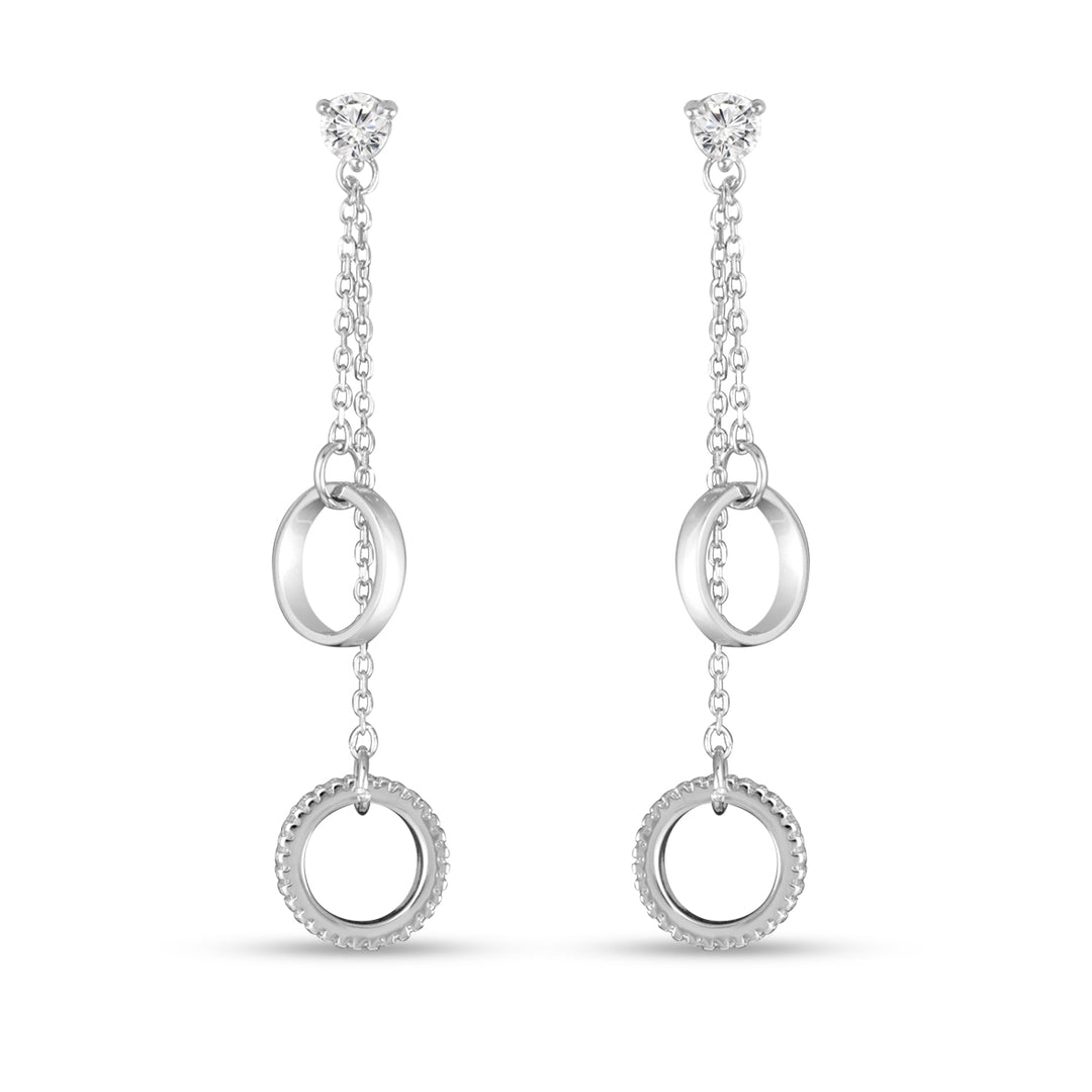 Twin Circle 925 Sterling Silver Cubic Zirconia Rhodium Plated Long Dangler Earrings
