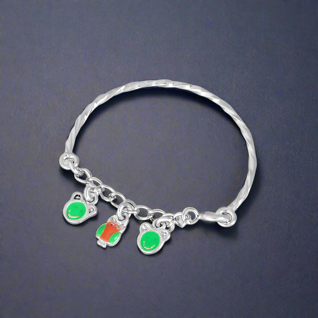 A silver kids' bracelet with green and orange accents designed for newborns to 3 years old.