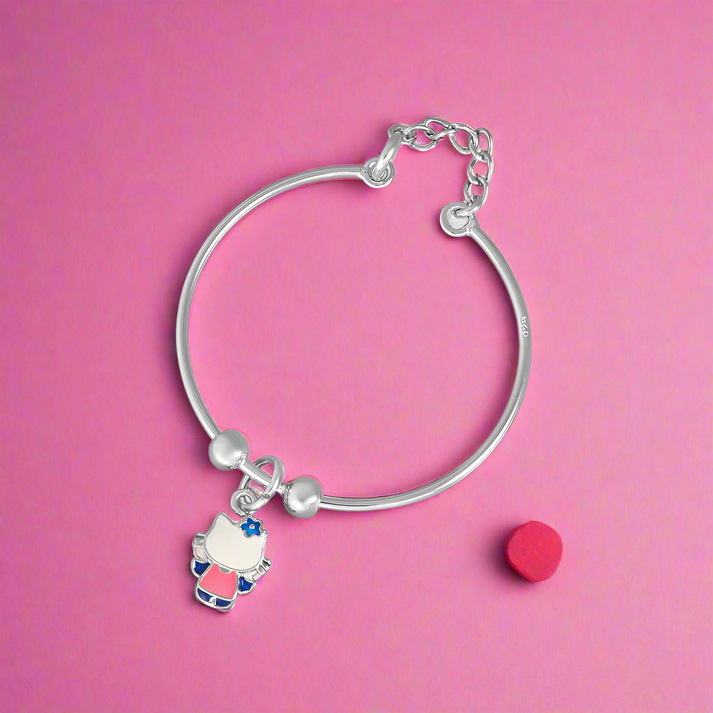 A silver bracelet with a cat-shaped charm, part of the Bloom Kids collection designed for newborns to 3-year-old children.