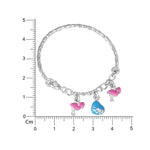 Load image into Gallery viewer, Silver bracelet with flamingo and heart-shaped pirate charm on a white background with measurement scale.
