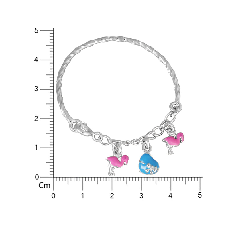 Silver bracelet with flamingo and heart-shaped pirate charm on a white background with measurement scale.