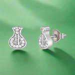 Load image into Gallery viewer, A pair of 925 sterling silver earrings designed in the shape of money bags, adorned with cubic zirconia stones.
