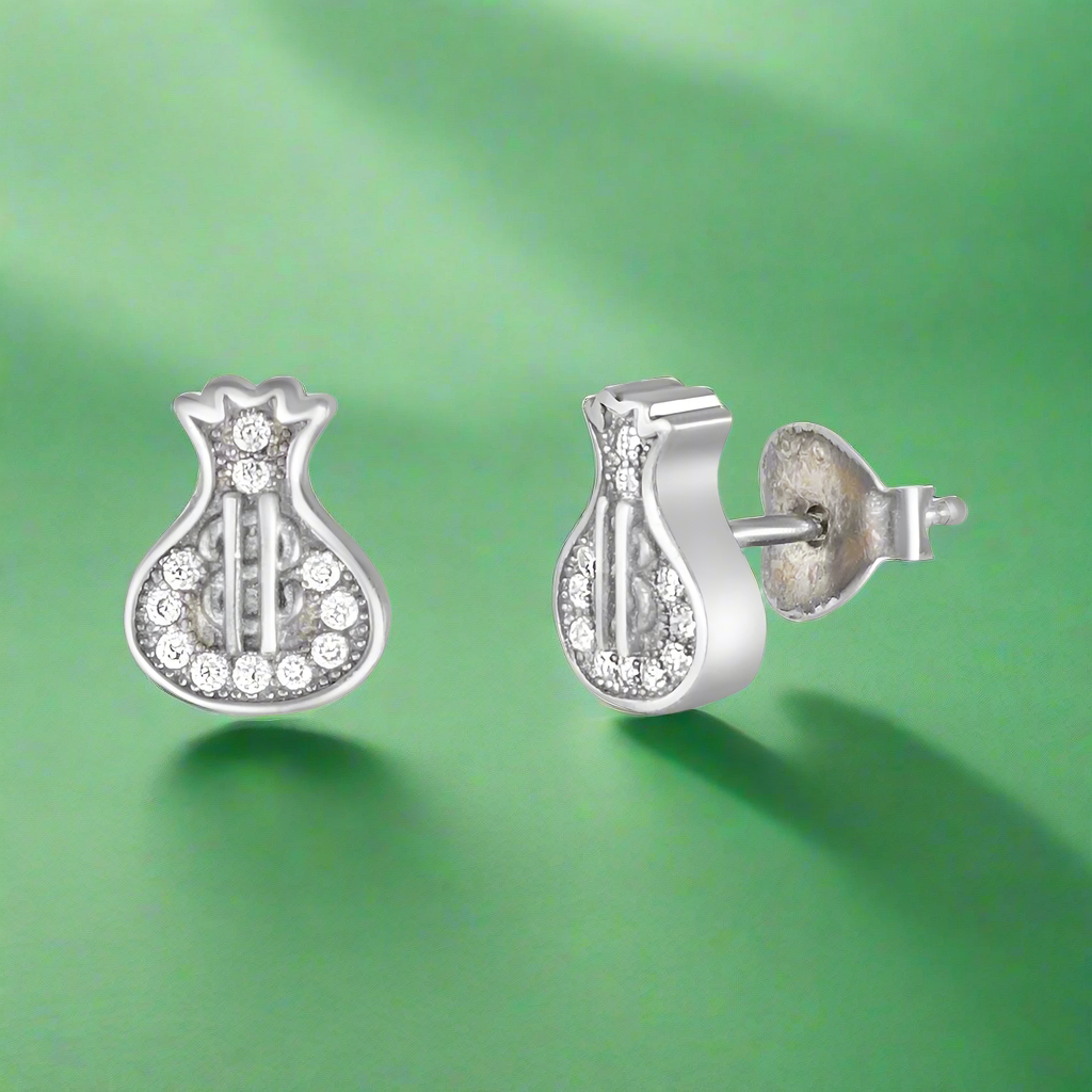 A pair of 925 sterling silver earrings designed in the shape of money bags, adorned with cubic zirconia stones.
