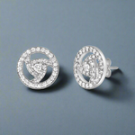 Load image into Gallery viewer, A pair of sterling silver earrings with a central cubic zirconia surrounded by smaller clear crystals, set in rose gold-colored settings.
