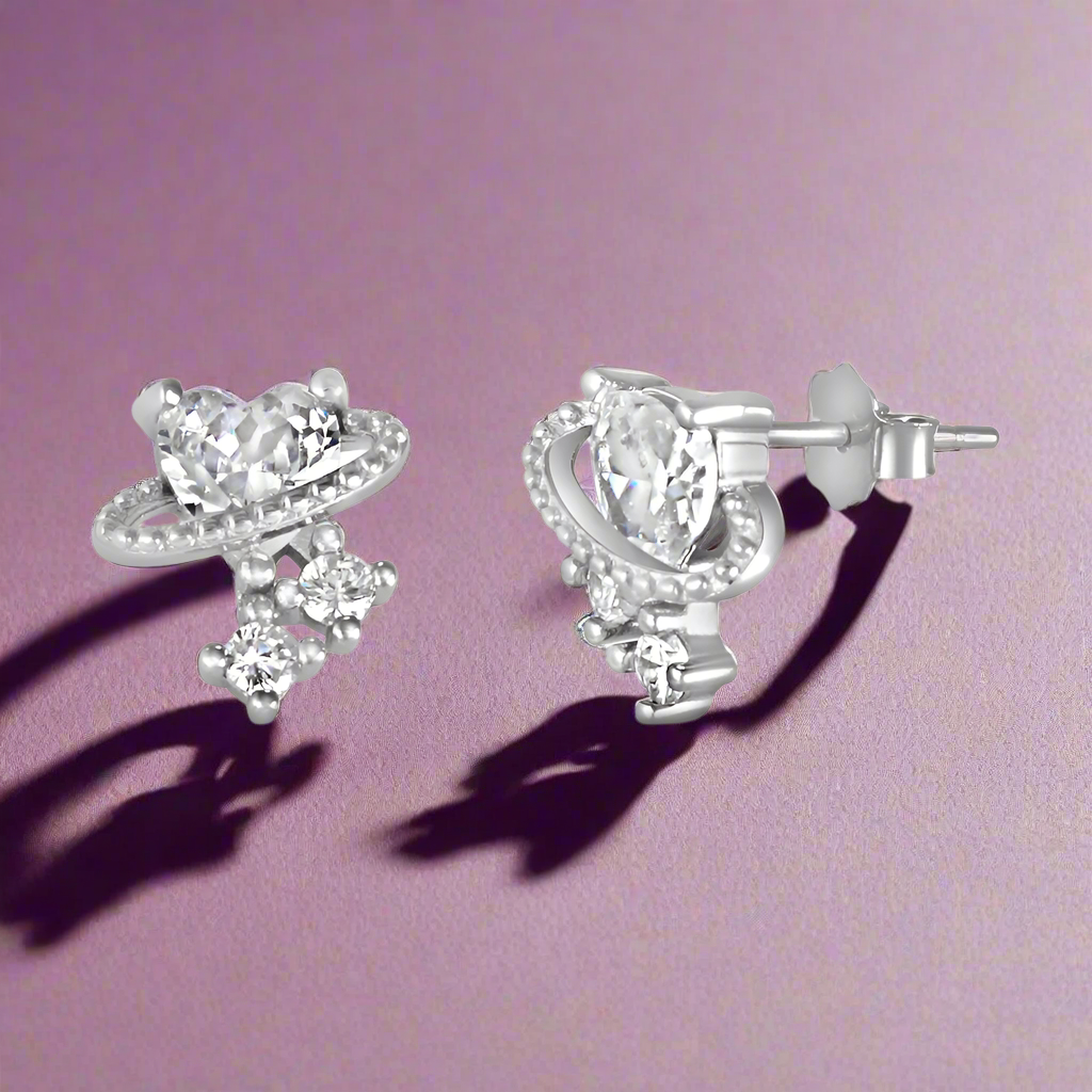 A pair of 925 sterling silver earrings featuring a heart design with cubic zirconia stones.