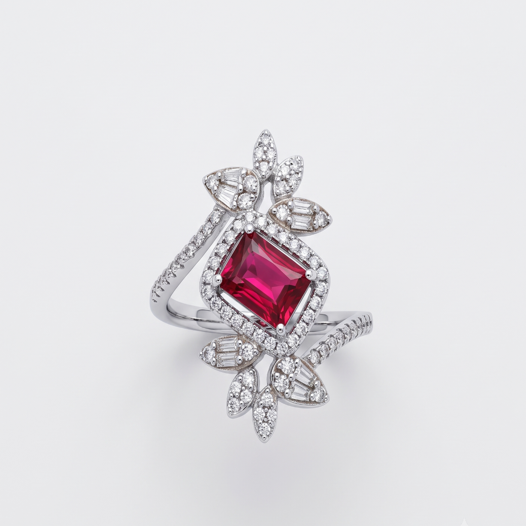 Dazzling 925 Sterling Silver Ruby-Tone Halo Ring with Sparkling Accents