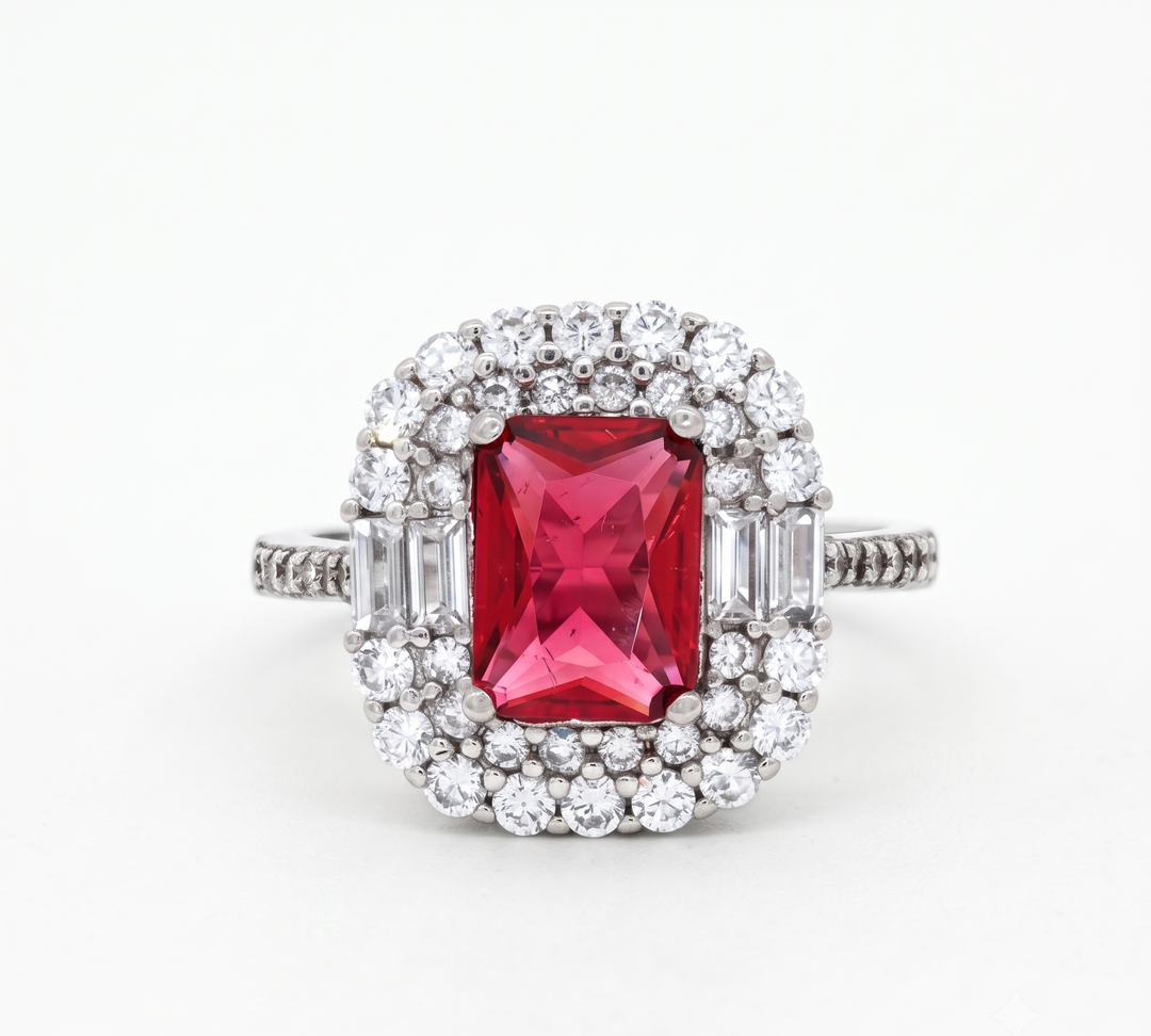 Dazzling 925 Sterling Silver Ruby-Tone Halo Ring with Sparkling Accents