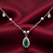 925 Sterling Silver Classic Emerald Green Stone Pendant Necklace with Adjustable Length