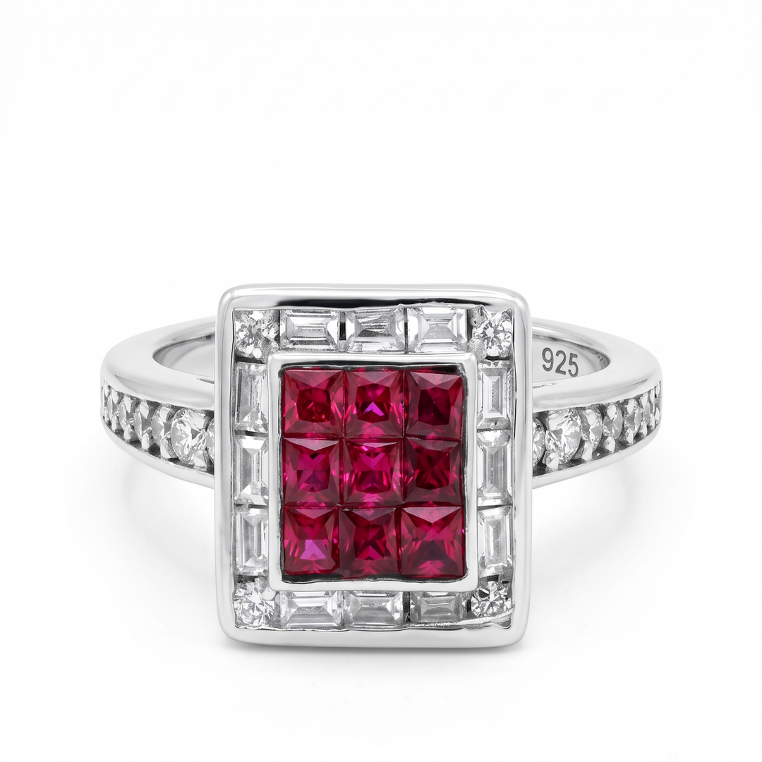 925 Sterling Silver Ruby Color Squire Shape Halo Ring For Women