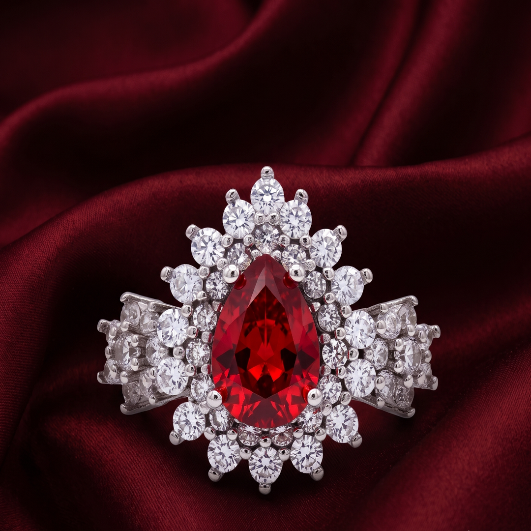 925 Sterling Silver Ruby Color Pear Shape Halo Ring For Women