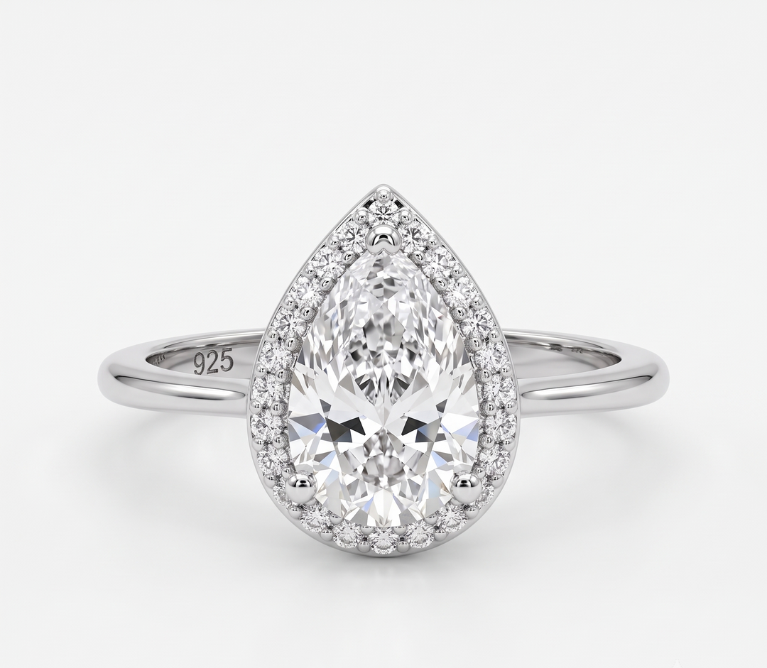 Sparkling 925 Sterling Silver Pear-Shaped Double Halo Ring