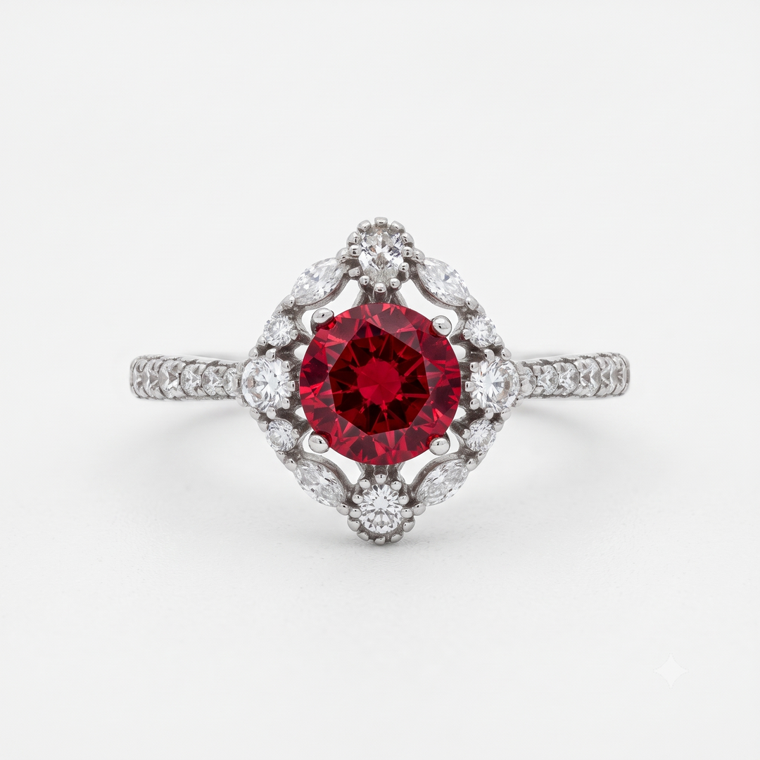 Dazzling 925 Sterling Silver Ruby-Tone Halo Ring with Sparkling Accents