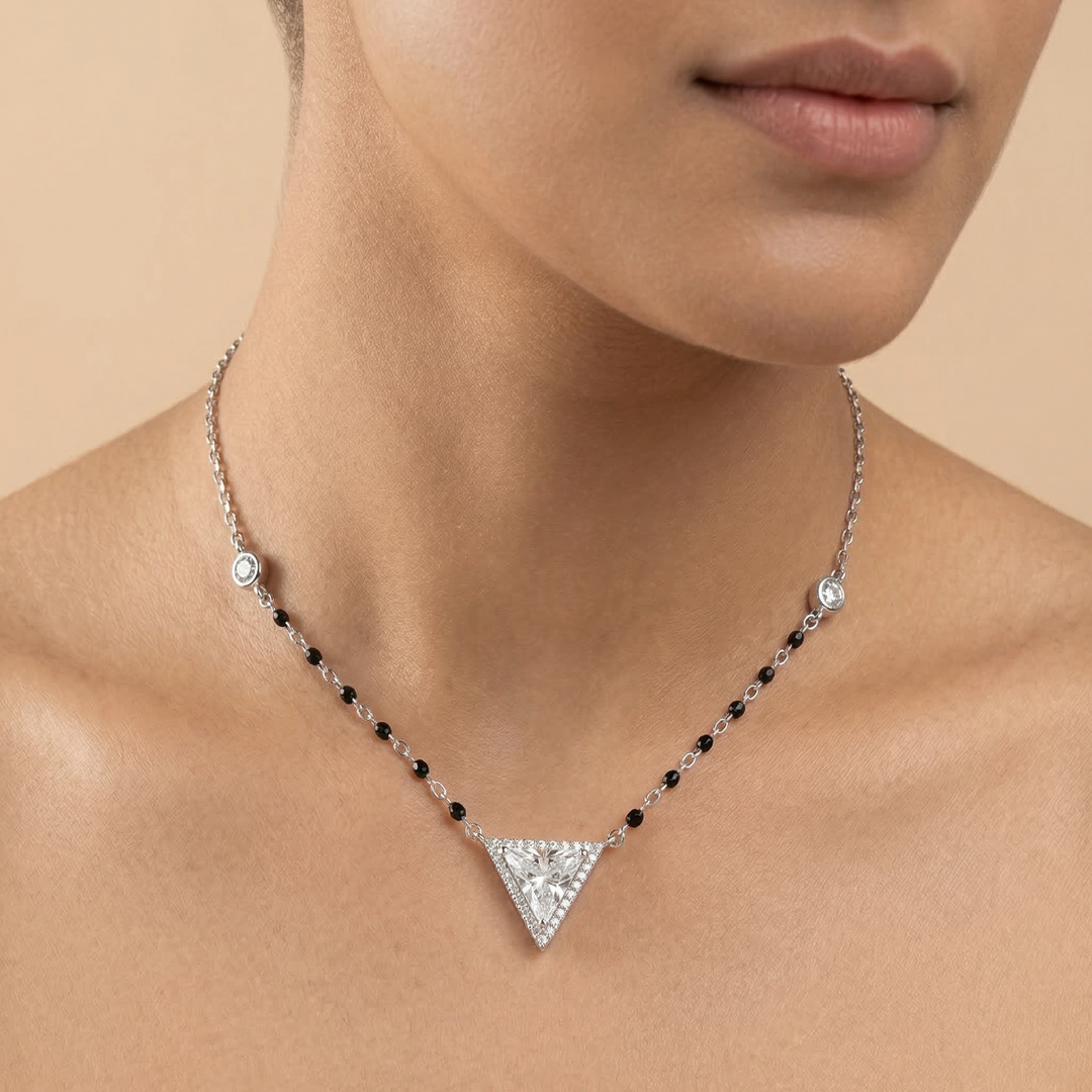 925 Sterling Silver Triangle Stones Mangalsutra in Rhodium Plated 9 inches