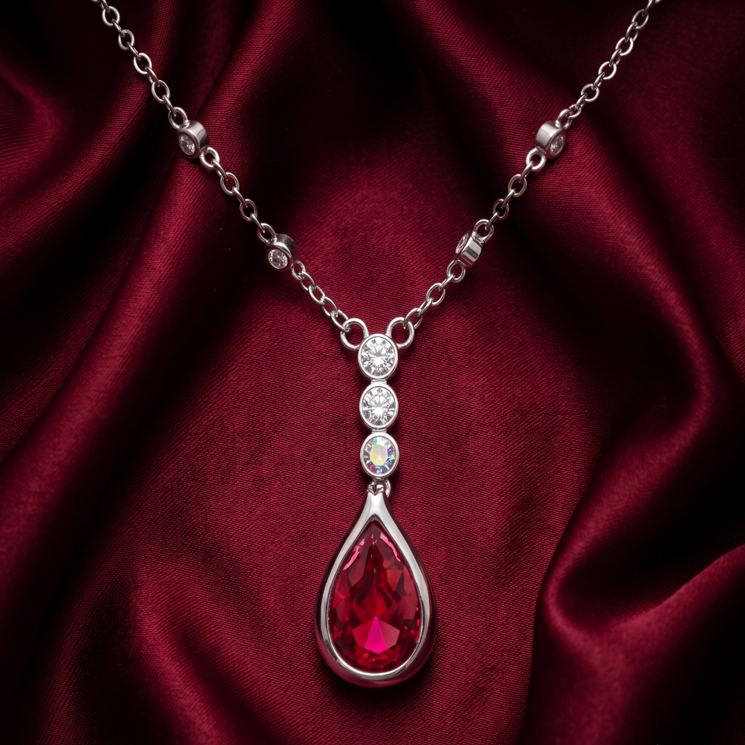 925 Sterling Silver Ruby Stone Pendant Necklace with Adjustable Length