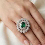 925 Sterling Silver Green Oval Zircon Floral Halo Ring For Women