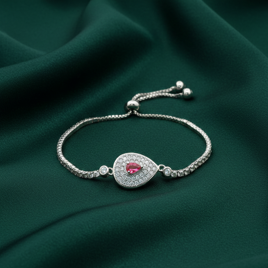 Pink Stone 925 Sterling Silver Bracelet with Adjustable Length