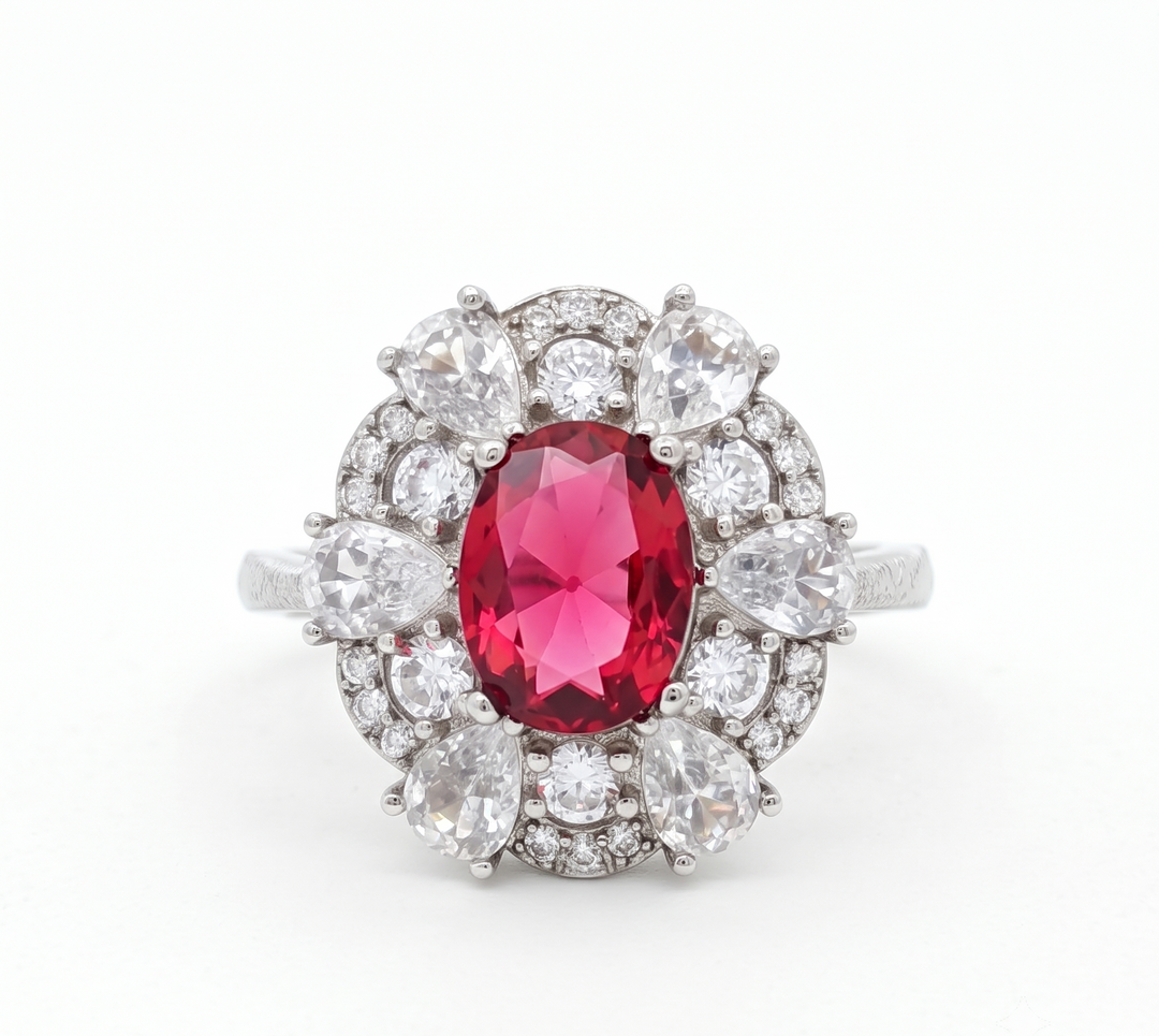 Stunning 925 Sterling Silver Red Gemstone Halo Ring with Side Accents