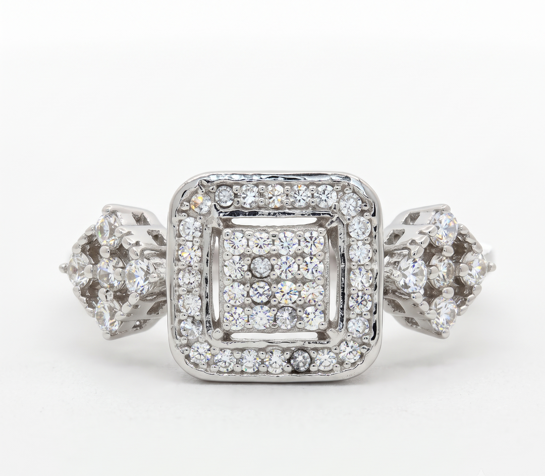 Sparkling 925 Sterling Silver Square Halo Ring with Accent Diamonds