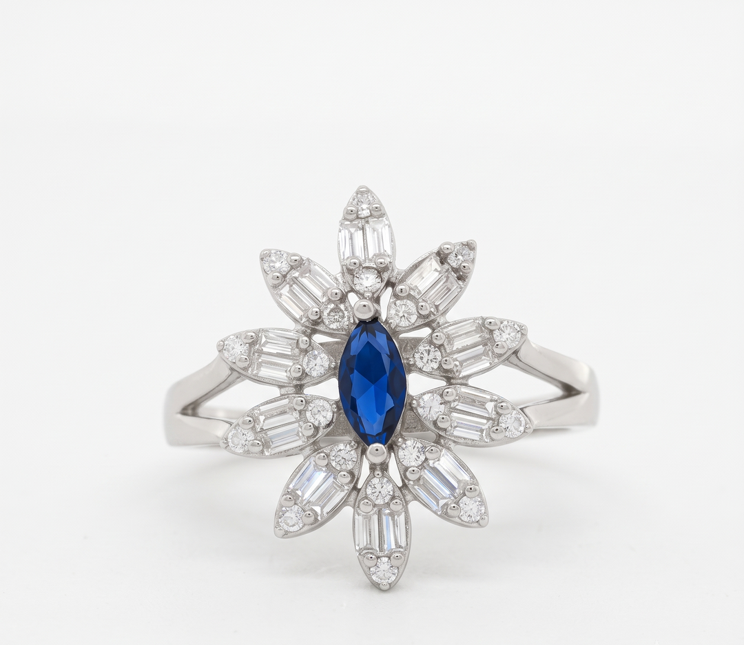 925 Sterling Silver Marquise Diamond Blue Flower Ring for Women