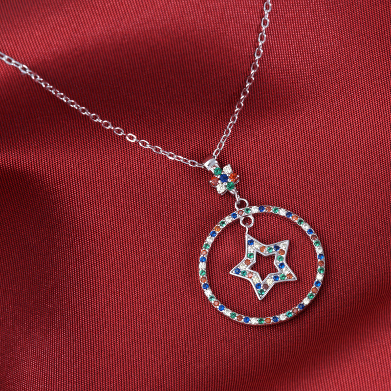 Multi Color Twinkle Star 925 Sterling Silver Pendant with adjustable length chain