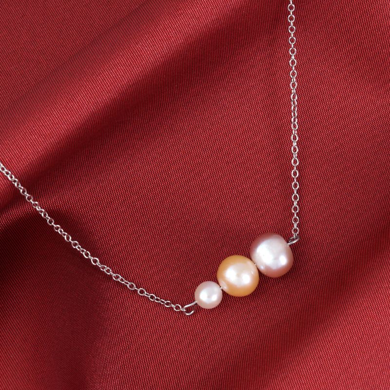 Tri Color Graduating Cultured Pearl 925 Starling Silver Necklace. With adjustable length