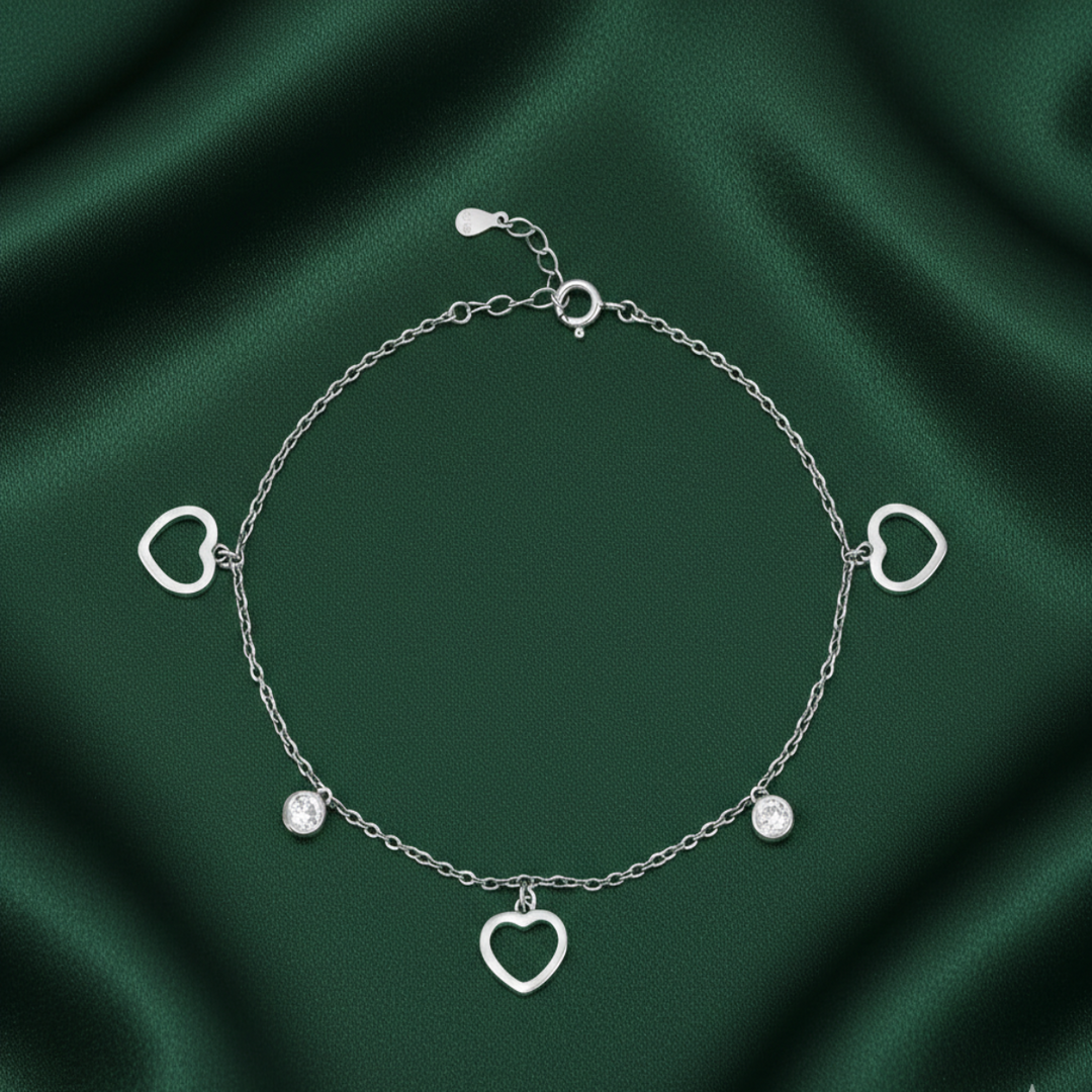 Madhuban Hearts Solitaire 925 Sterling Silver Anklets with Adjustable Length