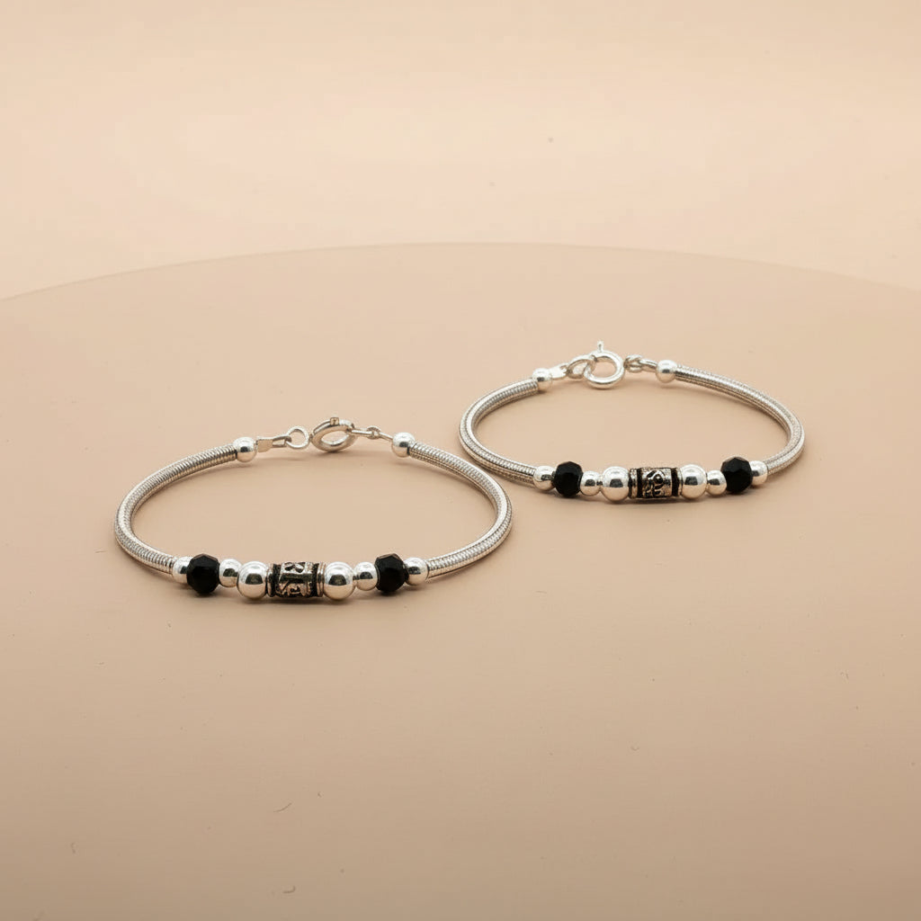 One Pair 925 Silver Nazariya Kada with Two Black Beads (ideal for Newborns to 2 years age)