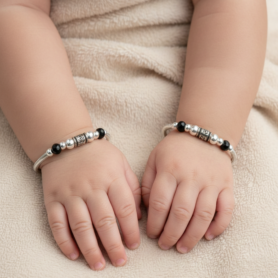 One Pair 925 Silver Nazariya Kada with Two Black Beads (ideal for Newborns to 2 years age)
