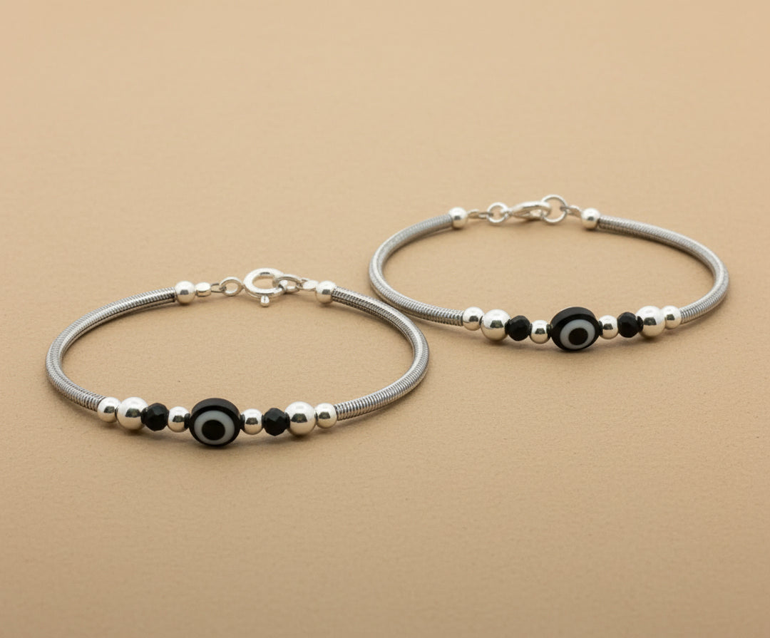One Pair 925 Silver Nazariya Kada with Two Black Beads (ideal for Newborns to 2 years age)