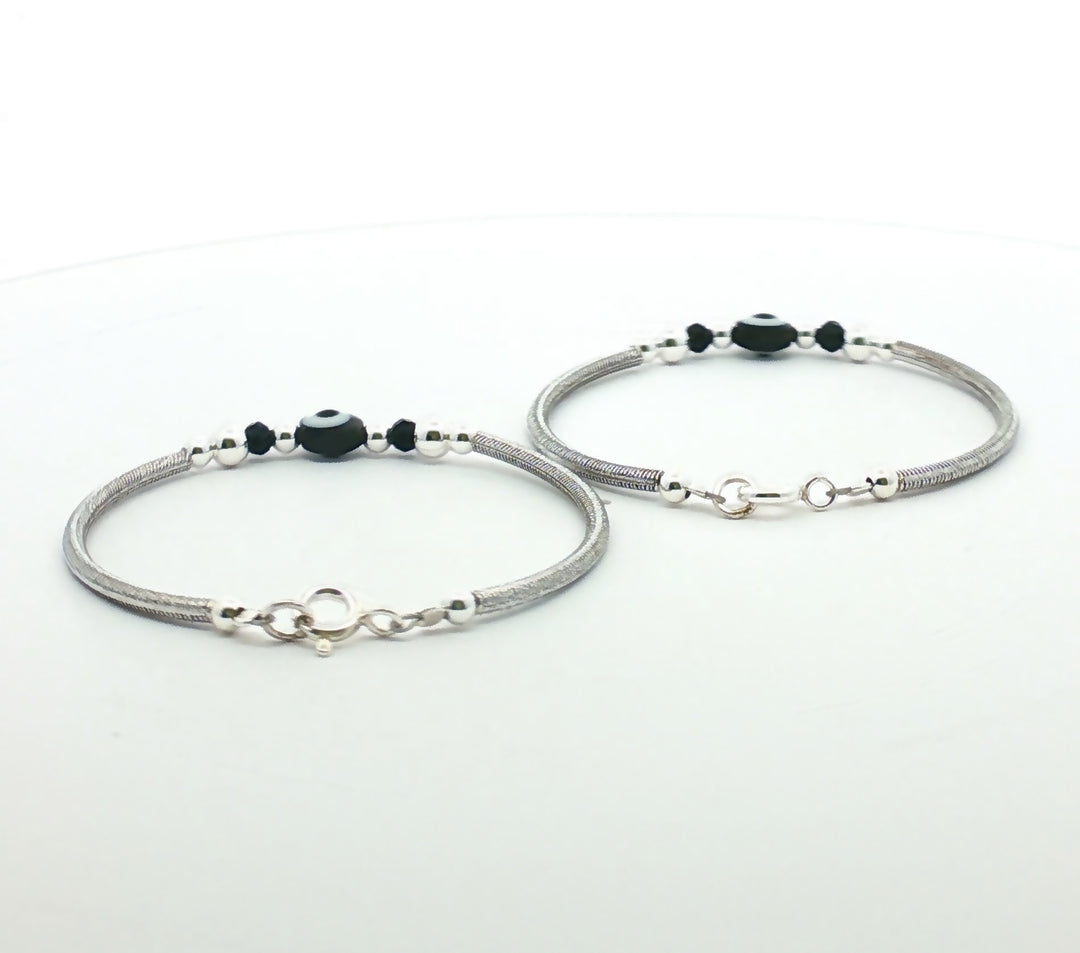 One Pair 925 Silver Nazariya Kada with Two Black Beads (ideal for Newborns to 2 years age)