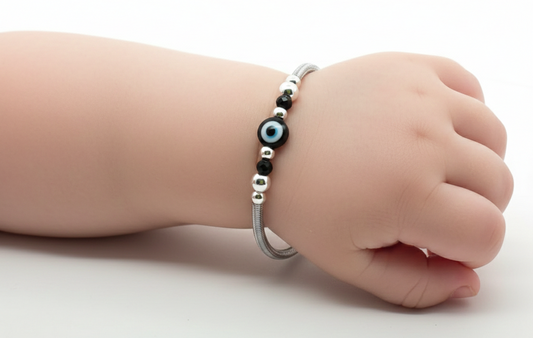 One Pair 925 Silver Nazariya Kada with Two Black Beads (ideal for Newborns to 2 years age)