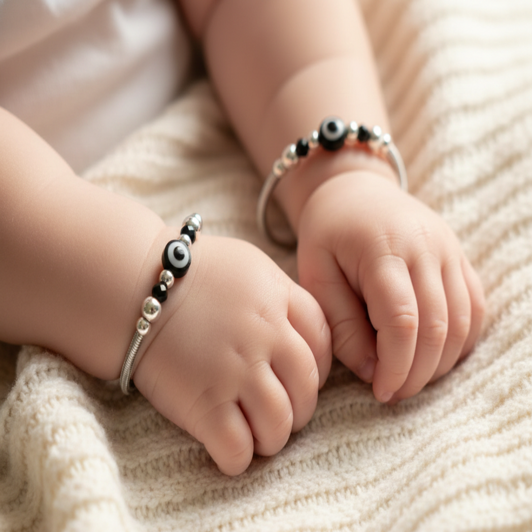 One Pair 925 Silver Nazariya Kada with Two Black Beads (ideal for Newborns to 2 years age)