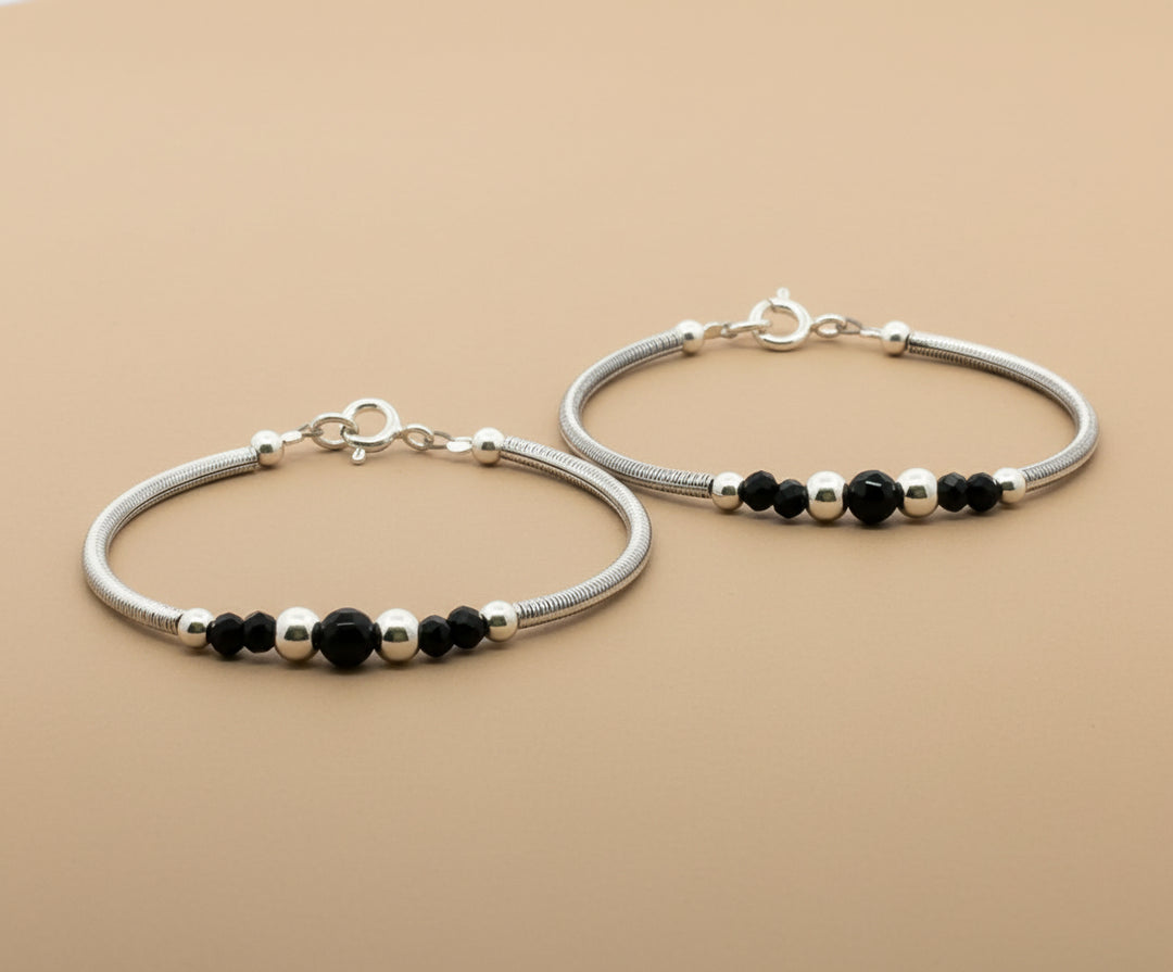 One Pair 925 Silver Nazariya Kada with Two Black Beads (ideal for Newborns to 3 years age)