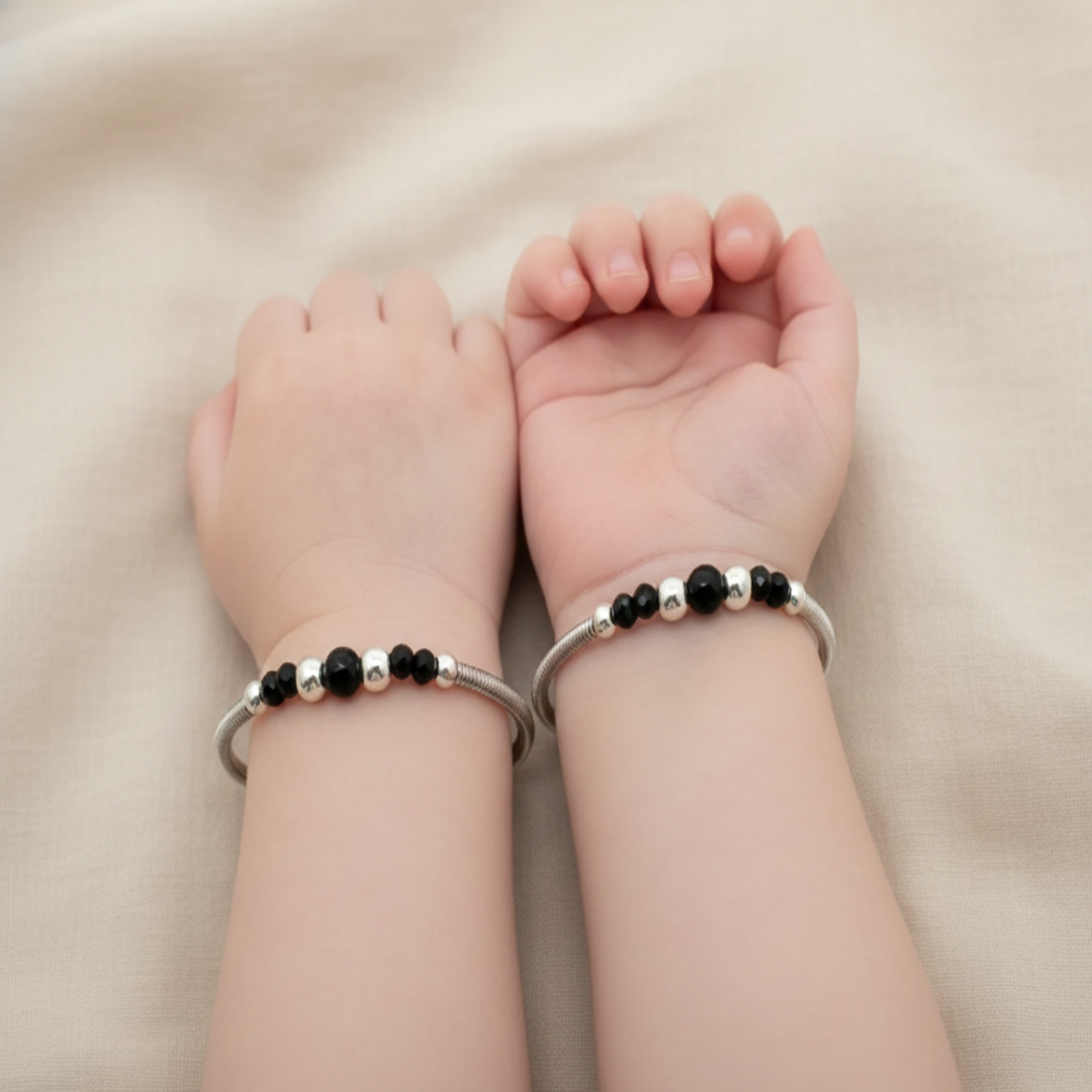 One Pair 925 Silver Nazariya Kada with Two Black Beads (ideal for Newborns to 3 years age)