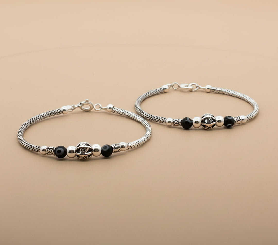 One Pair 925 Silver Nazariya Kada with Two Black Beads (ideal for Newborns to 3 years age)