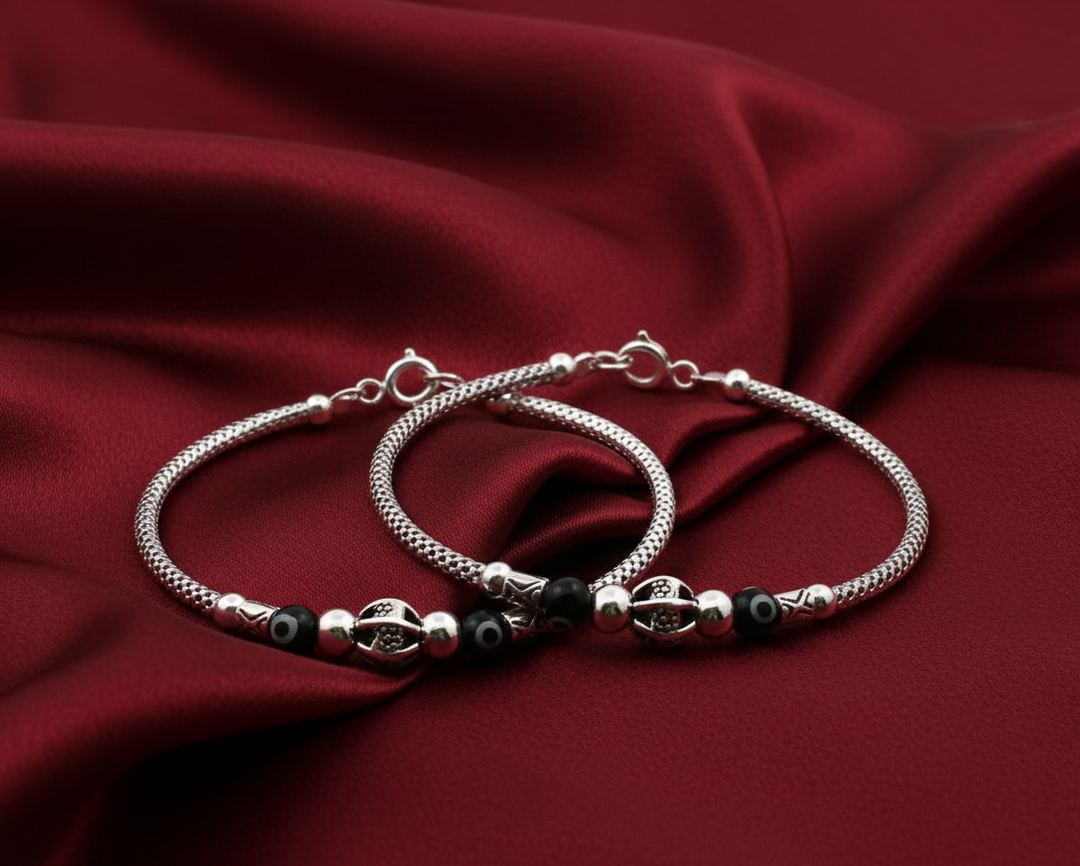 One Pair 925 Silver Nazariya Kada with Two Black Beads (ideal for Newborns to 3 years age)