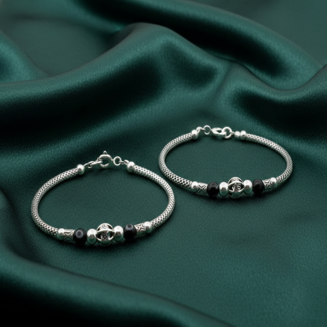 One Pair 925 Silver Nazariya Kada with Two Black Beads (ideal for Newborns to 3 years age)