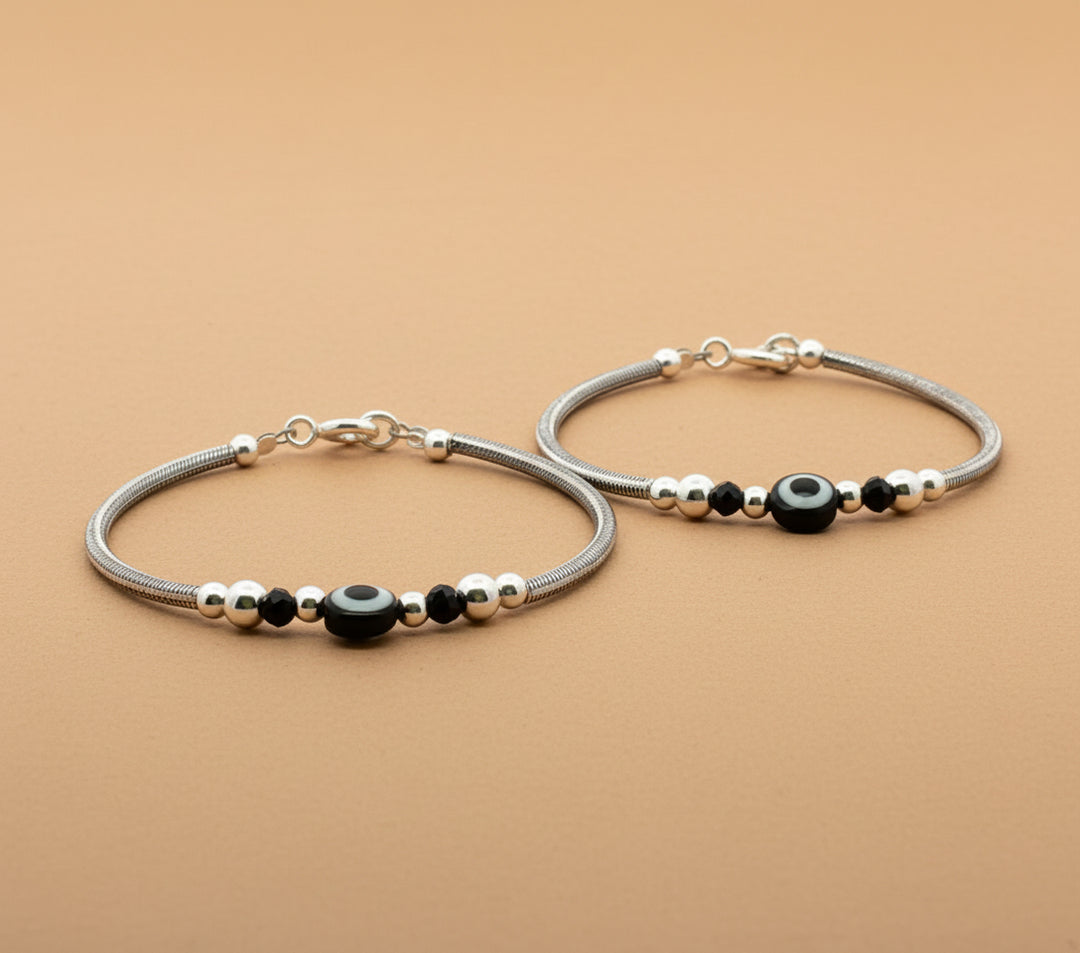 One Pair 925 Silver Nazariya Kada with Two Black Beads (ideal for Newborns to 3 years age)