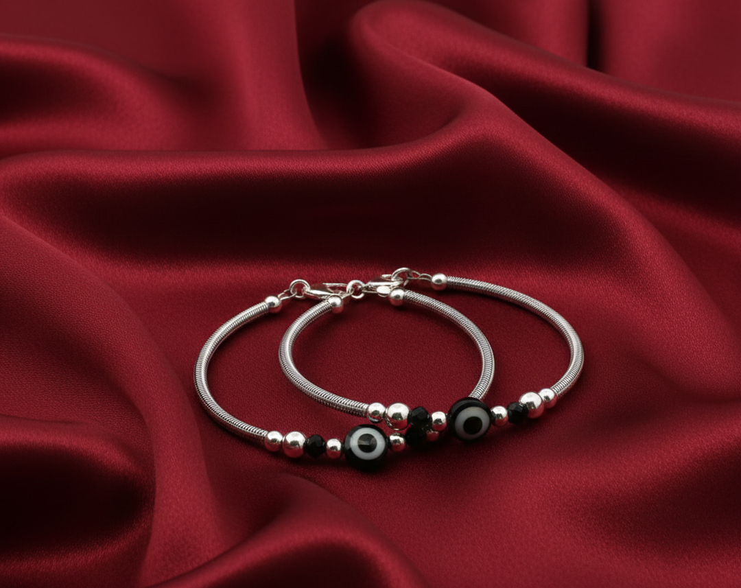 One Pair 925 Silver Nazariya Kada with Two Black Beads (ideal for Newborns to 3 years age)