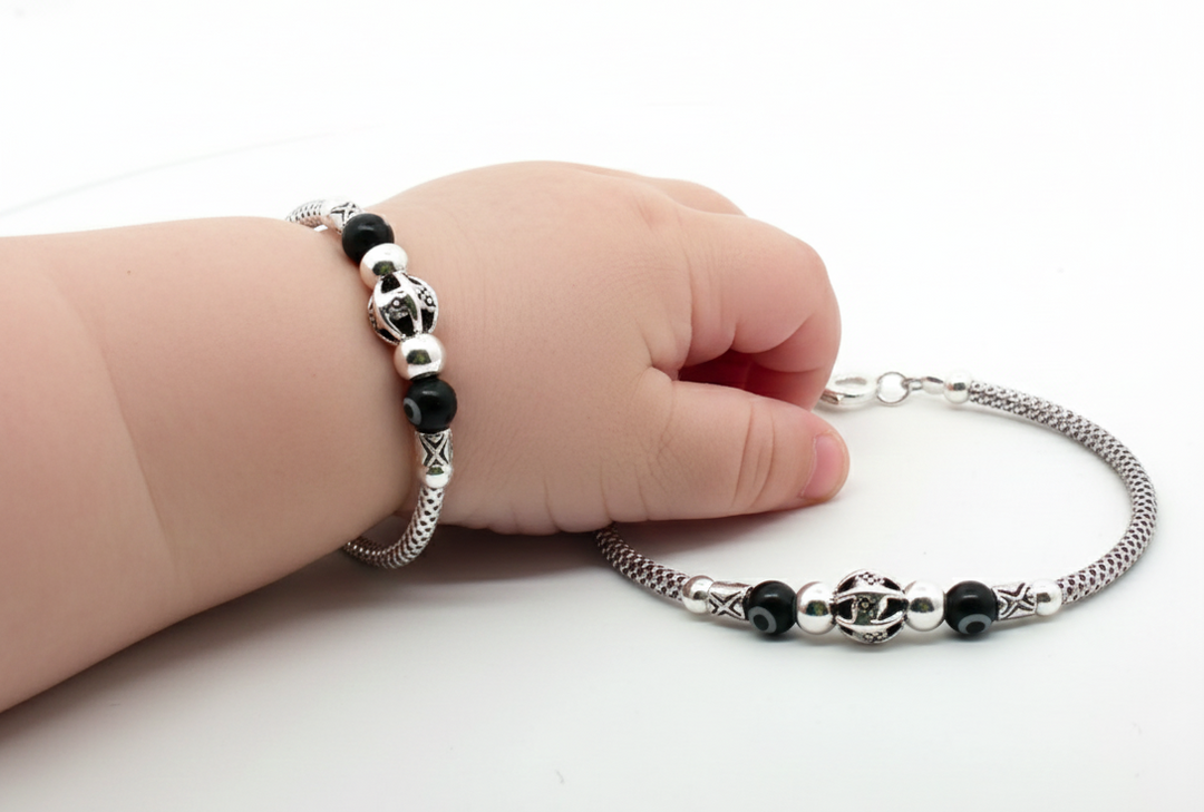 One Pair 925 Silver Nazariya Kada with Two Black Beads (ideal for Newborns to 3 years age)