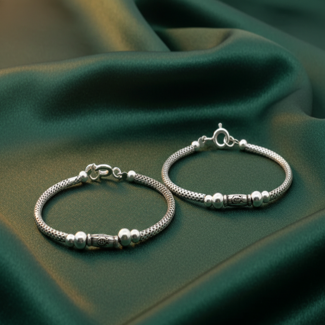 One Pair 925 Silver Nazariya Kada with Two Black Beads (ideal for Newborns to 2 years age)