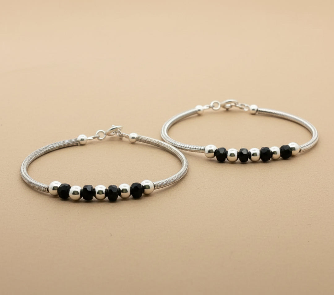 One Pair 925 Silver Nazariya Kada with Two Black Beads (ideal for Newborns to 3 years age)