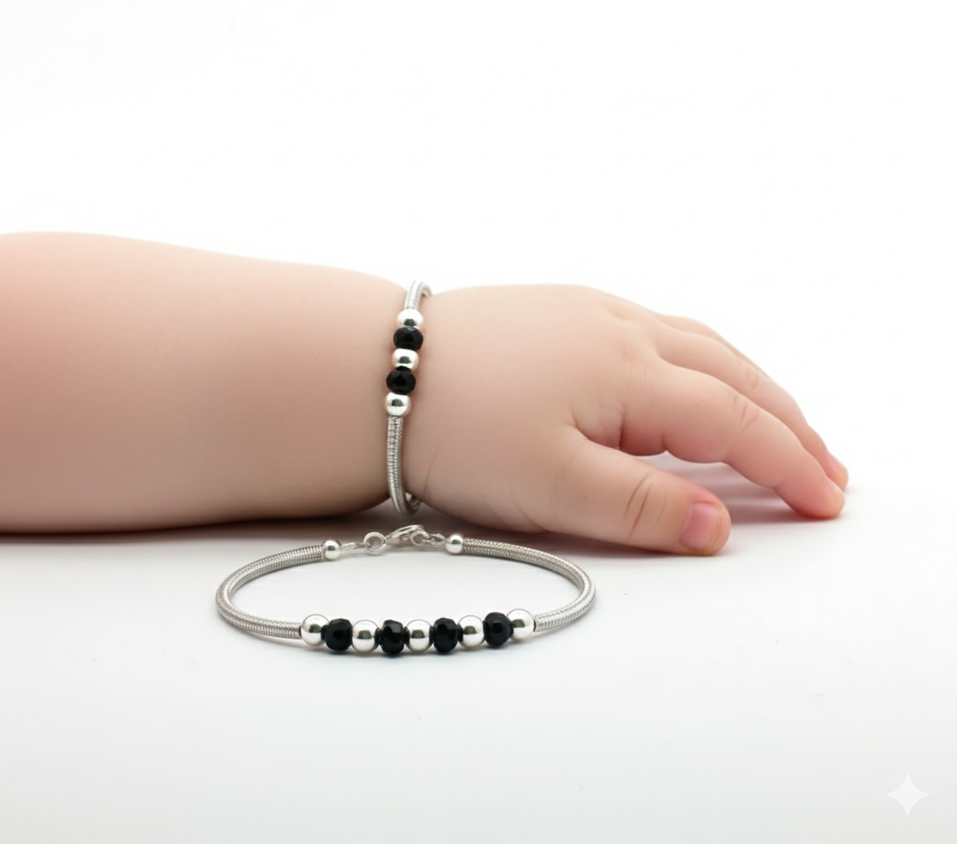One Pair 925 Silver Nazariya Kada with Two Black Beads (ideal for Newborns to 3 years age)