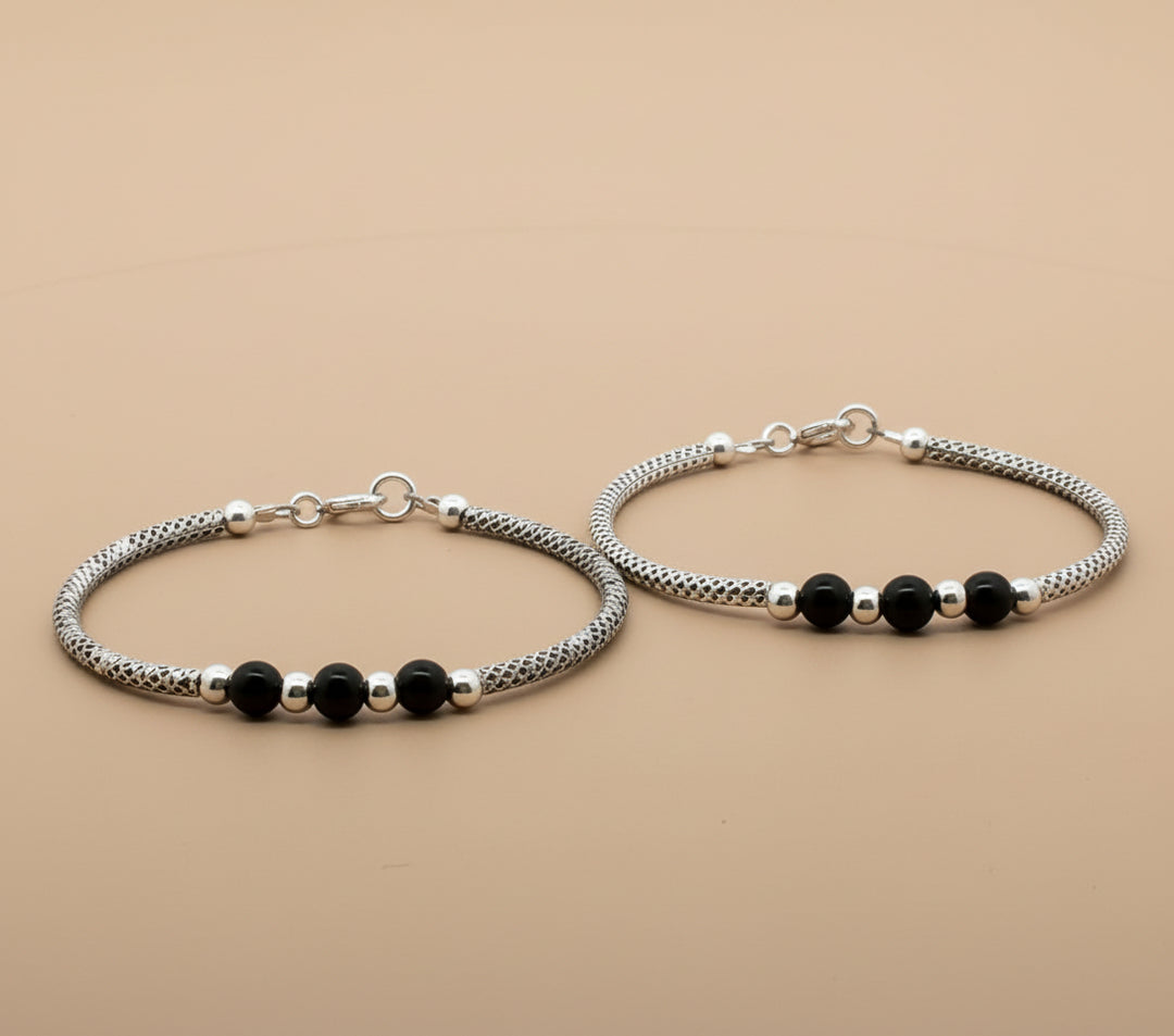 One Pair 925 Silver Nazariya Kada with Two Black Beads (ideal for Newborns to 3 years age)